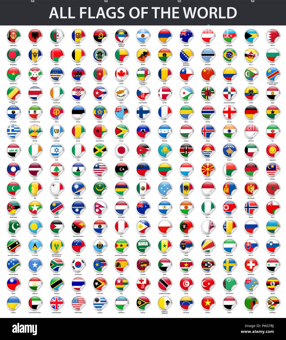 Tutte le bandiere del mondo in ordine alfabetico. Tondo adesivo lucido style Illustrazione Vettoriale