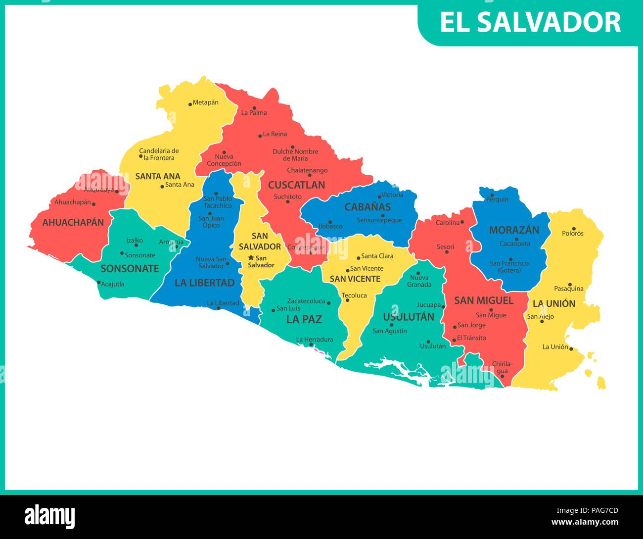La mappa dettagliata di El Salvador con le regioni o gli stati e le città capitali. Divisione amministrativa. Illustrazione Vettoriale