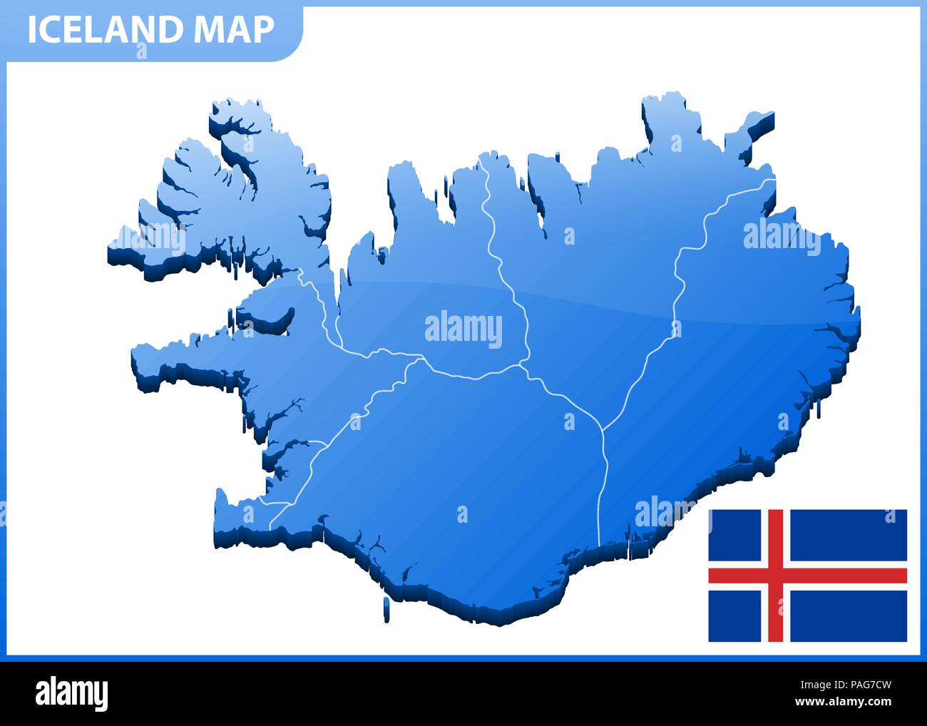 Altamente dettagliata mappa tridimensionale di Islanda con regioni di confine Illustrazione Vettoriale