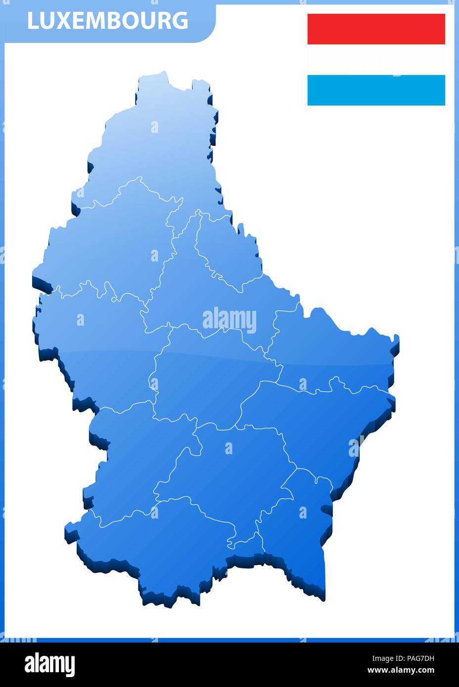 Altamente dettagliata mappa tridimensionale di Lussemburgo con regioni di confine Illustrazione Vettoriale