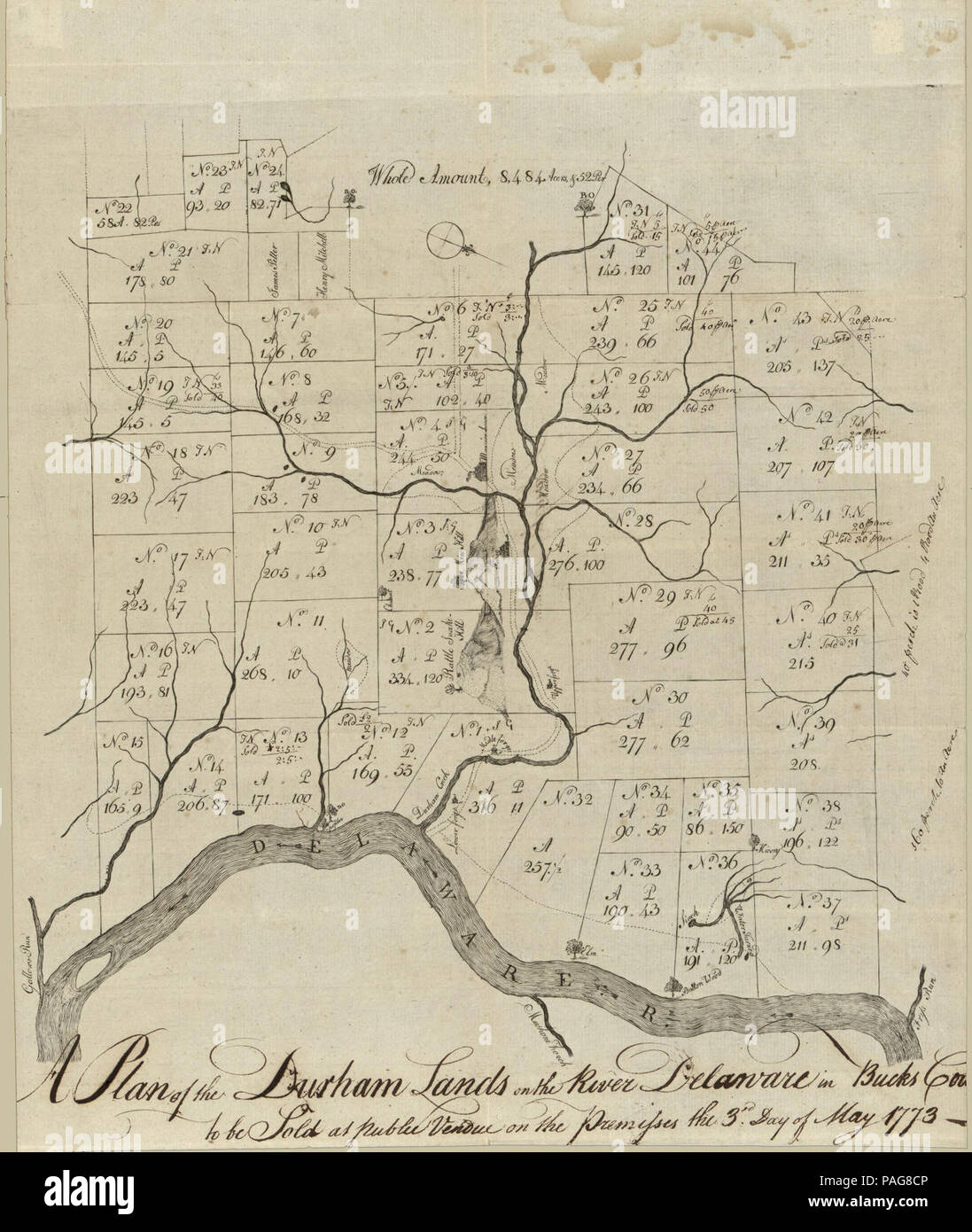 Un piano delle terre di Durham sul Fiume Delaware in Bucks Cou(nty) - per essere venduto al pubblico vendue sulle premesse il 3° giorno di maggio 1773. Foto Stock