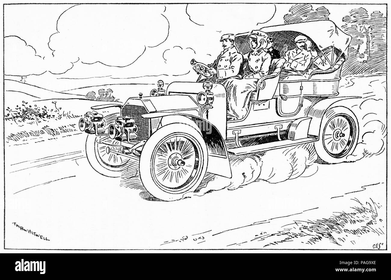 Incisione di una famiglia facendo una gita in un'auto d'epoca Foto Stock