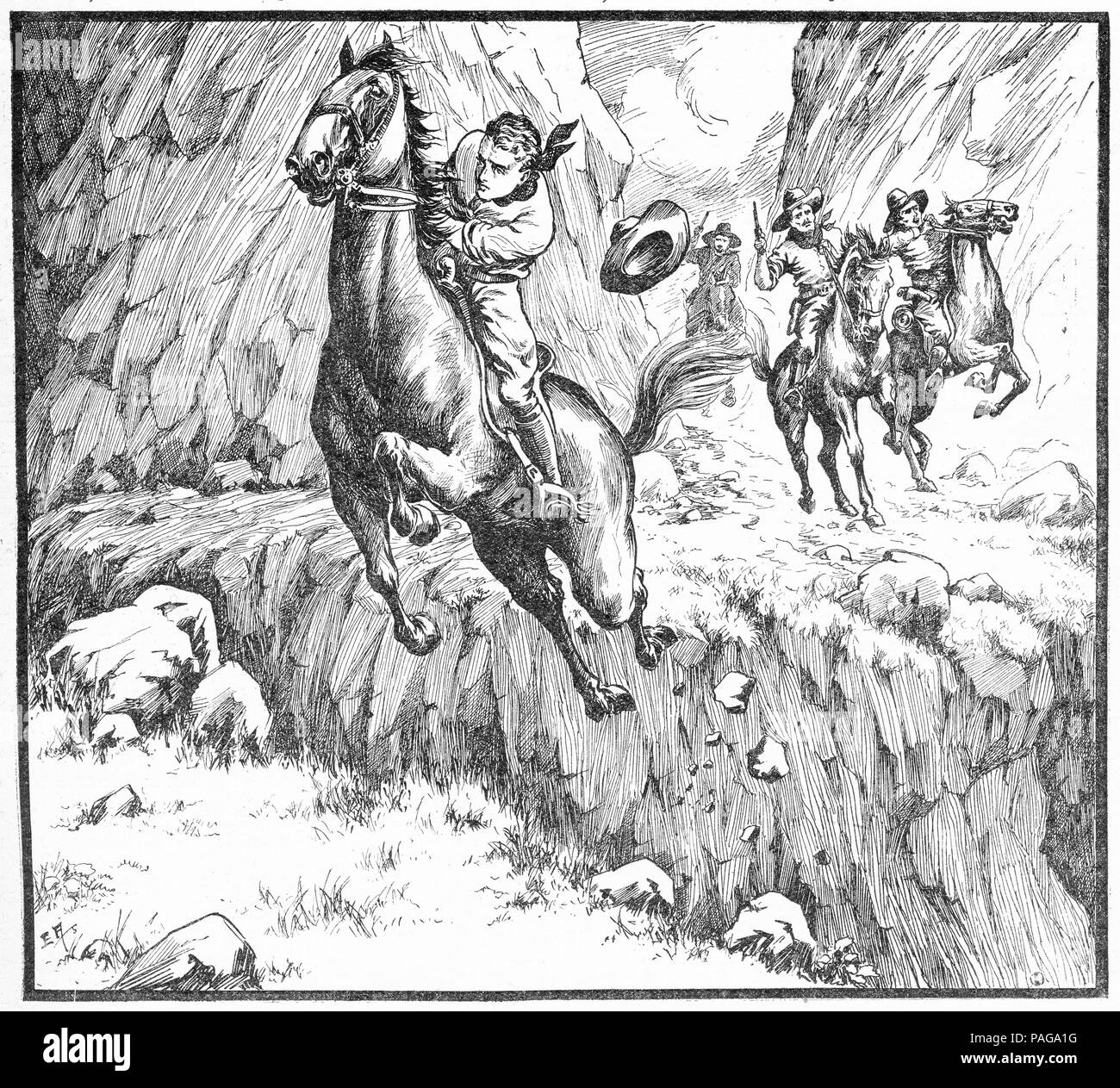 Incisione di un cavaliere sfuggire agli inseguitori saltando su un abisso. Da Chums, una rivista illustrata per ragazzi, 1916. Foto Stock