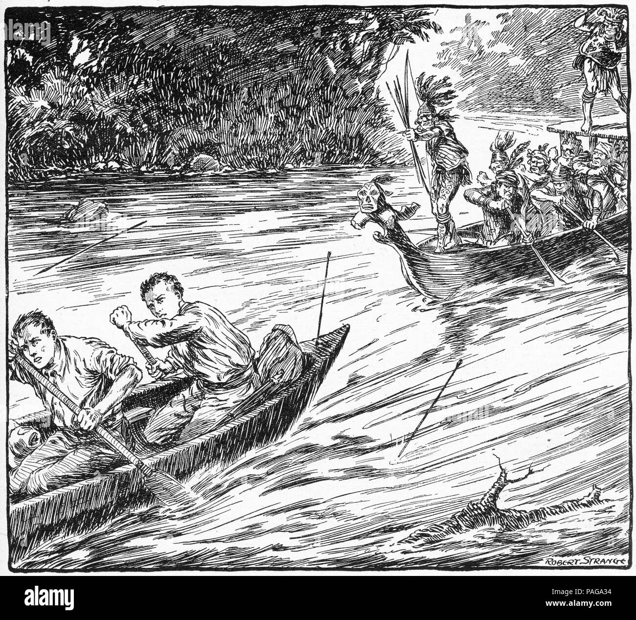 Incisione di un paio di avventurieri in fuga da una canoa carico di cacciatori di teste in Sud America. Da Chums, una rivista illustrata per ragazzi, 1916. Foto Stock