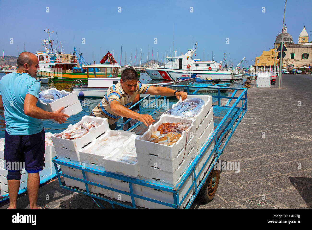 Fisherman caricando le proprie catture a Marina Grande, Procida, Golfo di Napoli, Italia Foto Stock