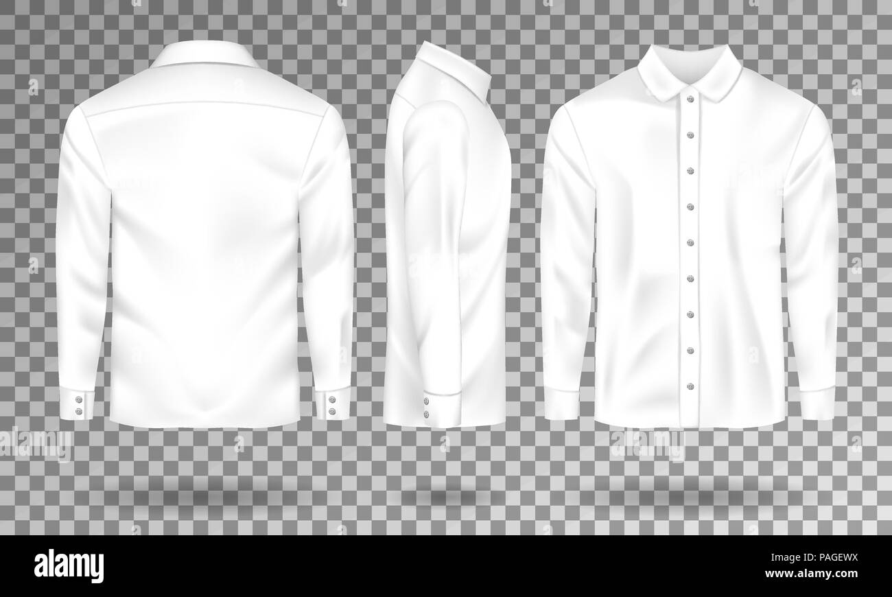 Maschio bianco shirt modello. Realistico uomini s shirt con maniche lunghe anteriore, vista laterale posteriore. Cotone bianco Shirt isolato. Illustrazione Vettoriale Illustrazione Vettoriale