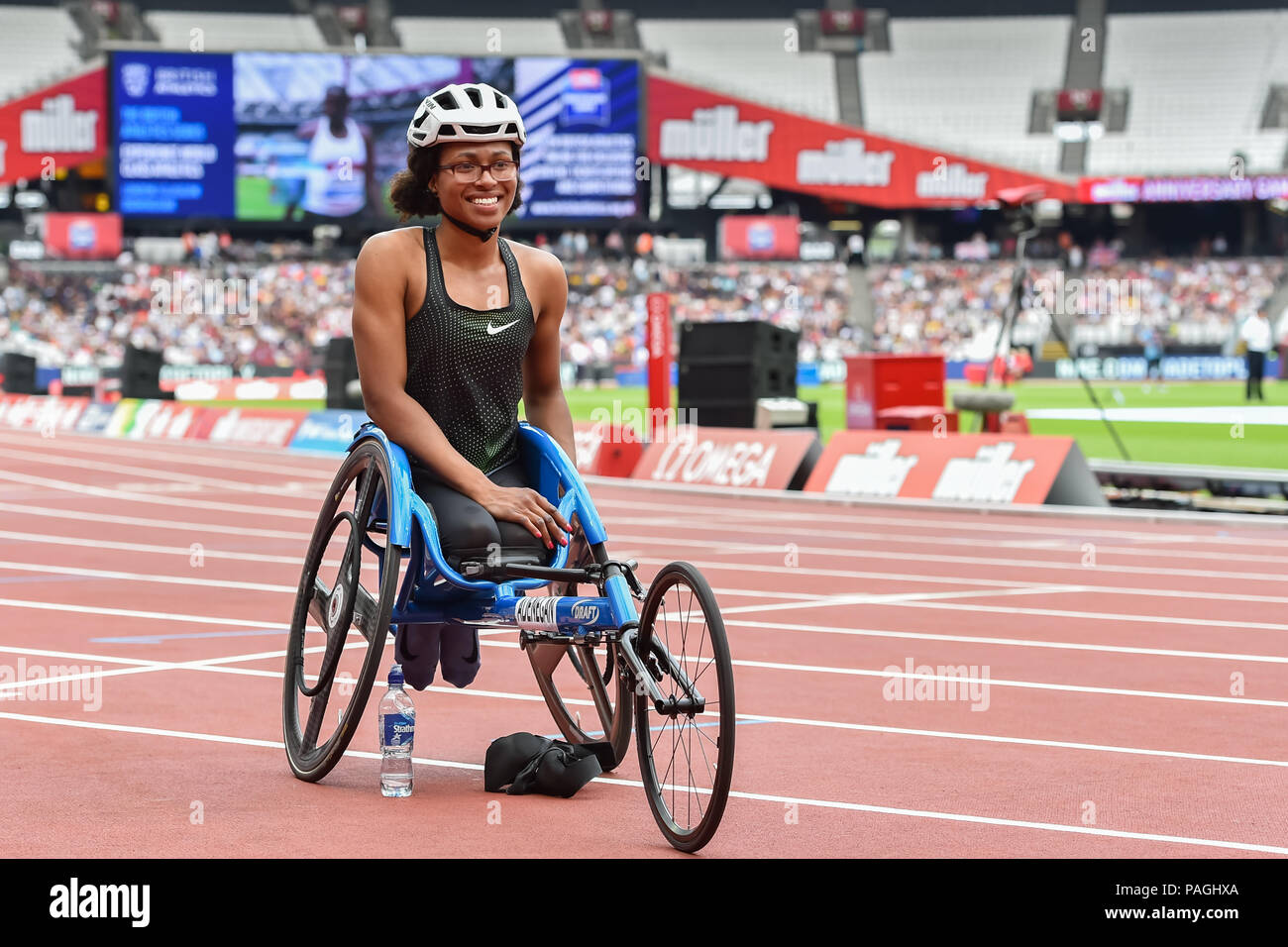 Londra, Regno Unito. Il 22 luglio 2018. Kare Adenegan (GBR) dopo la donna T34 100m gara in sedia a rotelle durante il 2018 IAAF Diamond League - Muller anniversario giochi a Londra Stadium di Domenica, 22 luglio 2018. Londra, Inghilterra. Credito: Taka G Wu Credito: Taka Wu/Alamy Live News Foto Stock