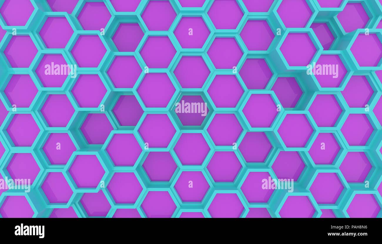 Motion design geometrico della superficie esagonale loop. Modello di griglia di sventolare hexagones. Seamless loop di animazione. Ciano e colori viola. Foto Stock
