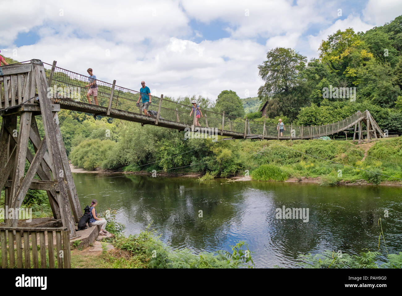 Biblins ponte di sospensione cercando di fronte a Symonds Yat ad est oltre il fiume Wye, Wye Valley, Herefordshire, England, Regno Unito Foto Stock