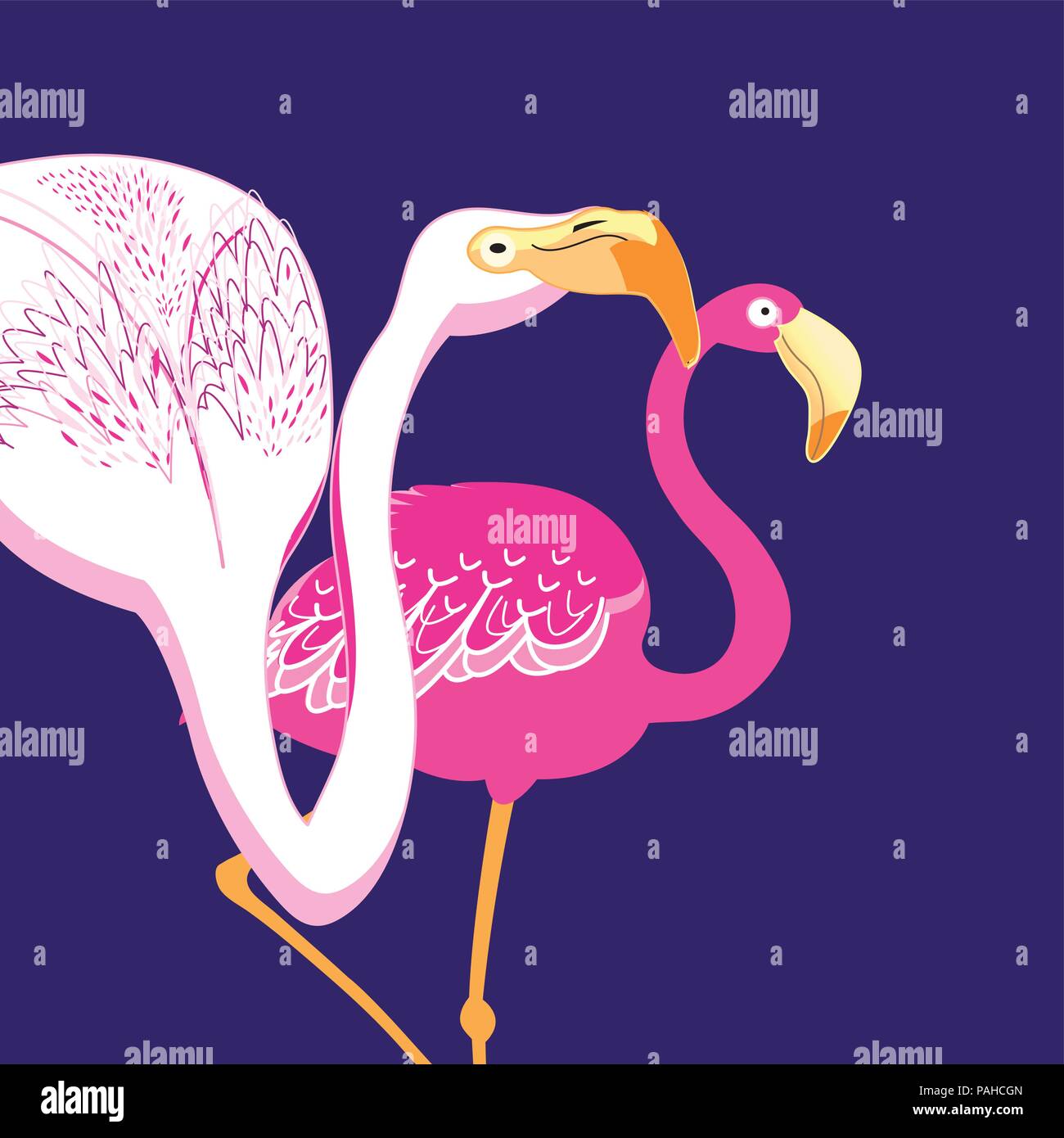 Bella grafica ritratti dei fenicotteri rosa su sfondo blu Illustrazione Vettoriale