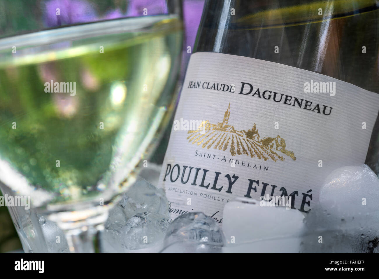 Pouilly Fumé Sauvignon Blanc fine bottiglia di vino francese e vetro Jean-Claude Dagueneau etichetta all'aperto in fiori alfresco ghiaccio vino refrigerante Loira Francia Foto Stock