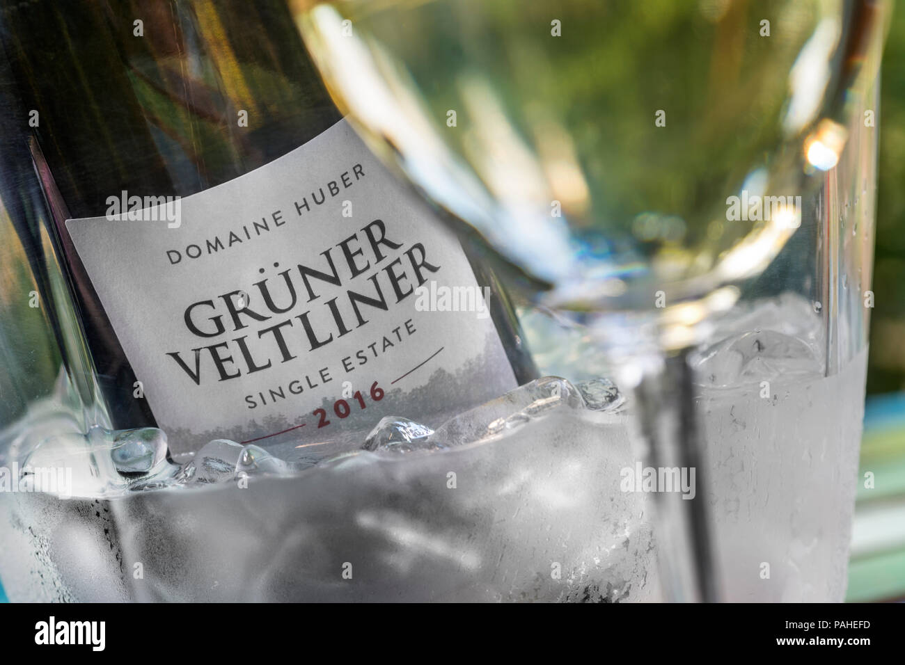 Grüner Veltliner Domaine Huber 'single estate' 2016 vino austriaco in alfresco wine cooler con vetro di Grüner Veltliner vino in primo piano Foto Stock