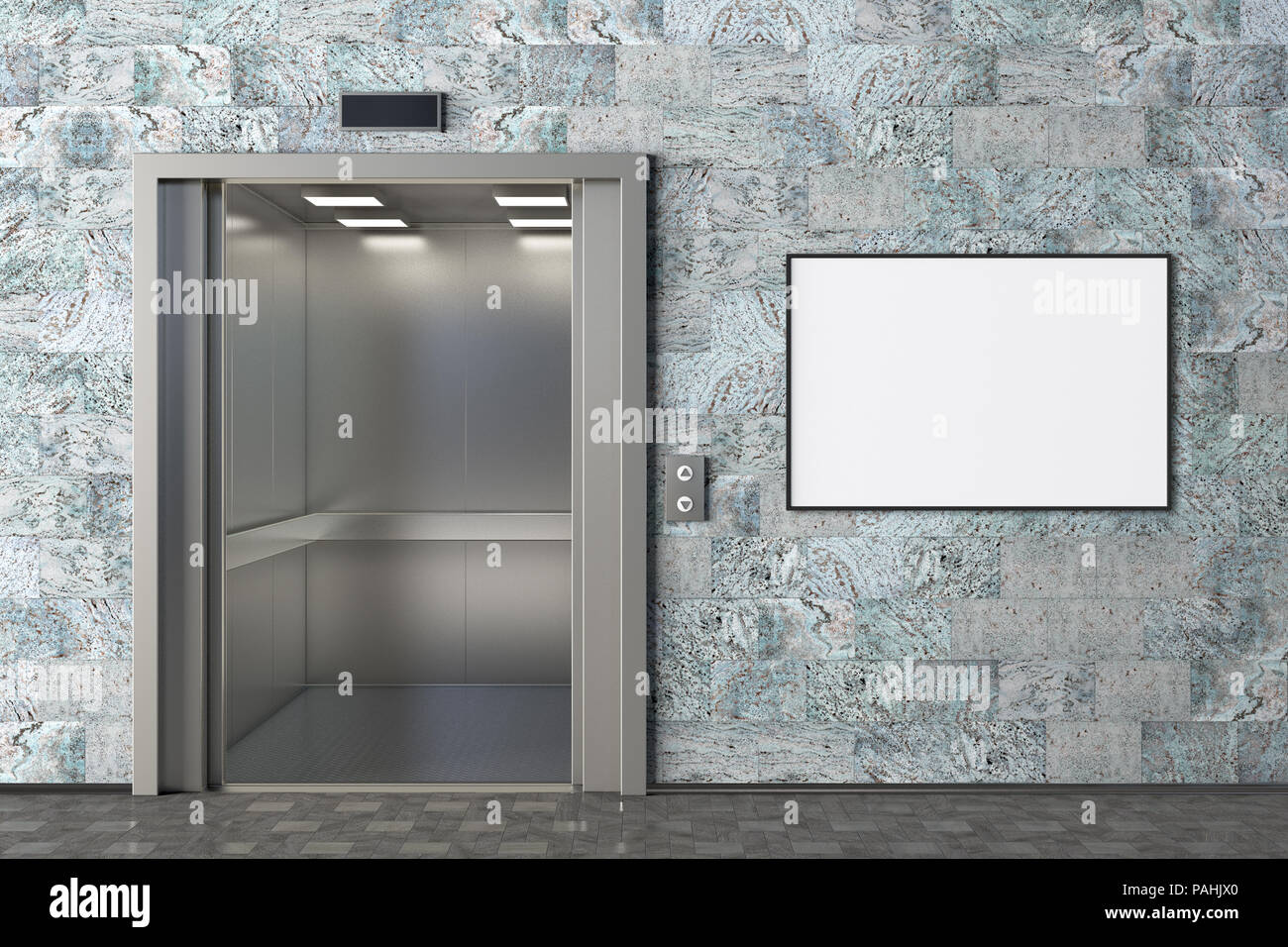 Ascensore con le porte aperte e vuoto poster orizzontale nella parete di un ufficio moderno lobby. Includere il percorso di clipping intorno al poster di uno spazio pubblicitario. 3D render Foto Stock