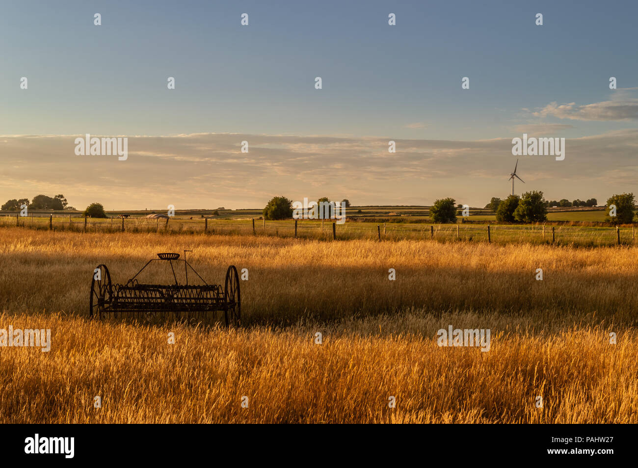 La vecchia e la nuova tecnologia. Il fieno rastrello e la turbina eolica in Staffordshire campo gli agricoltori al tramonto. Foto Stock