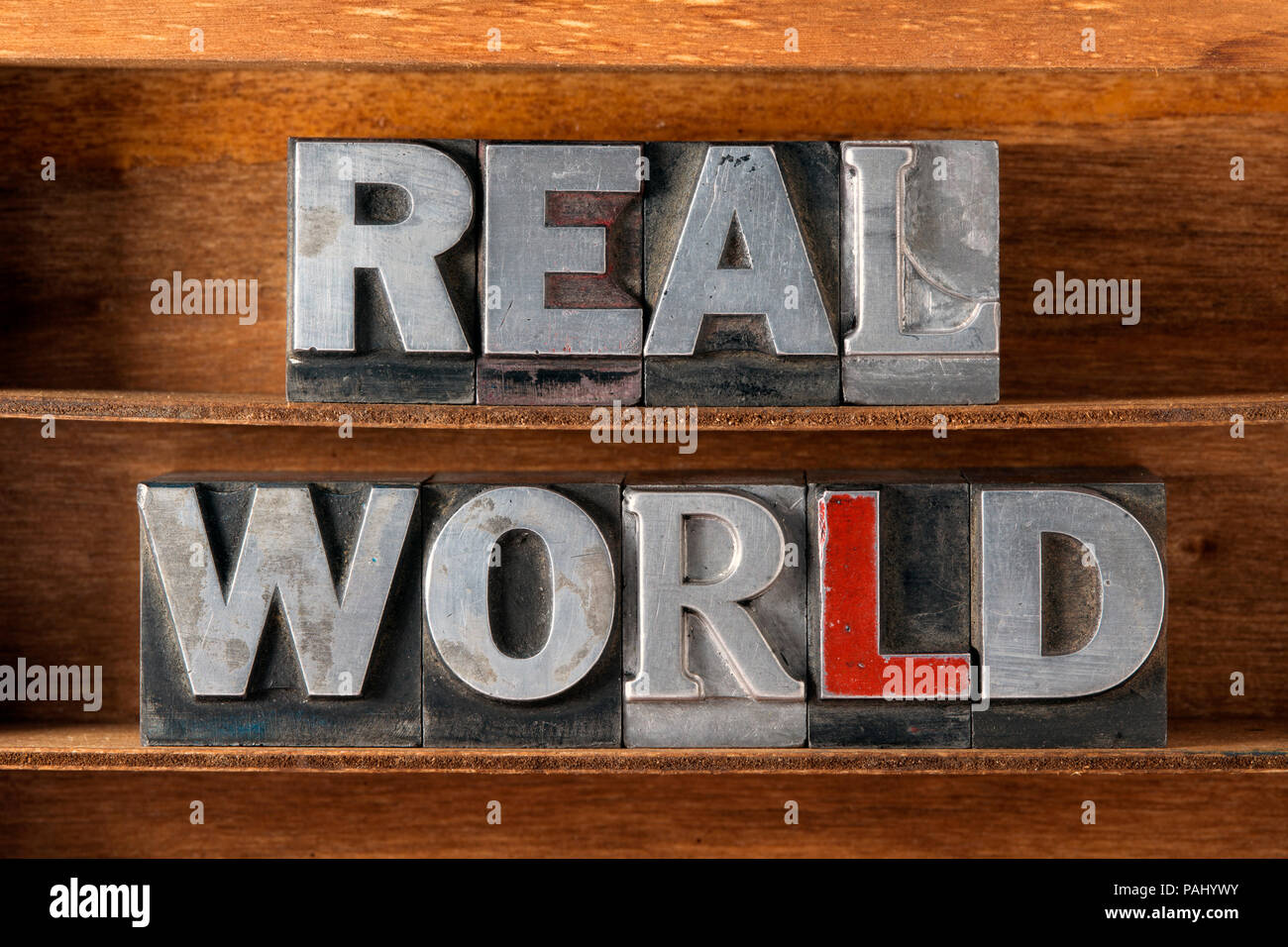 Mondo reale frase composta da metallico tipo di stampa in rilievo sul vassoio in legno Foto Stock