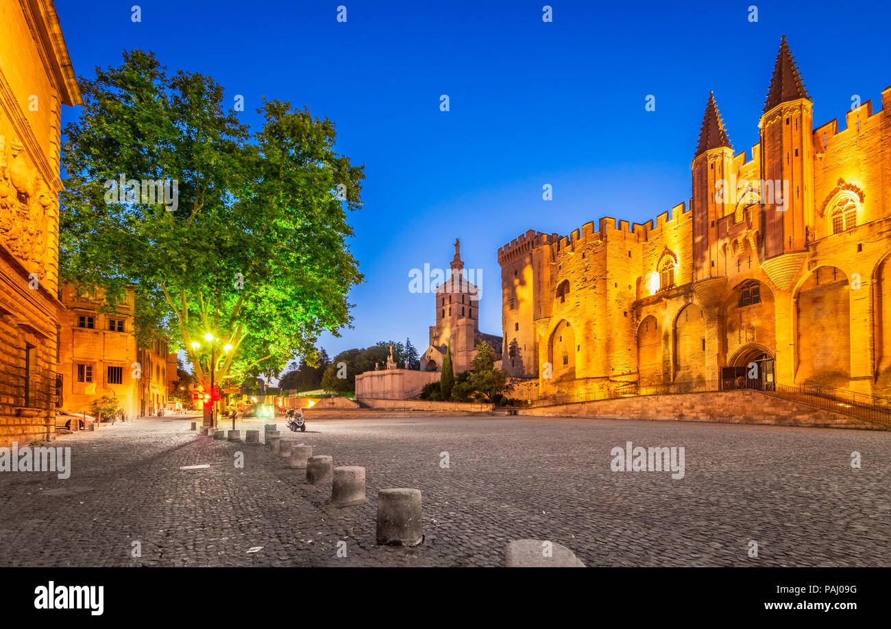 Ponte di Avignone con il Palazzo dei Papi e il Rodano a sunrise, Pont Saint-Benezet, Provenza, Francia. Foto Stock