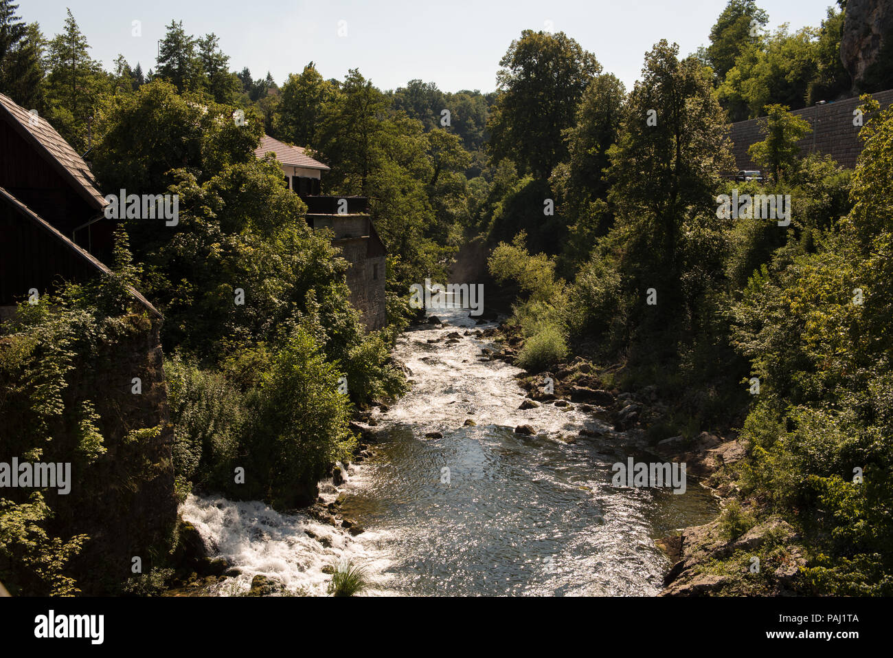 Fiume Korana vicino al villaggio di Rastoke vicino a Slunj in Croazia. Alberi di alto fusto. Foto Stock