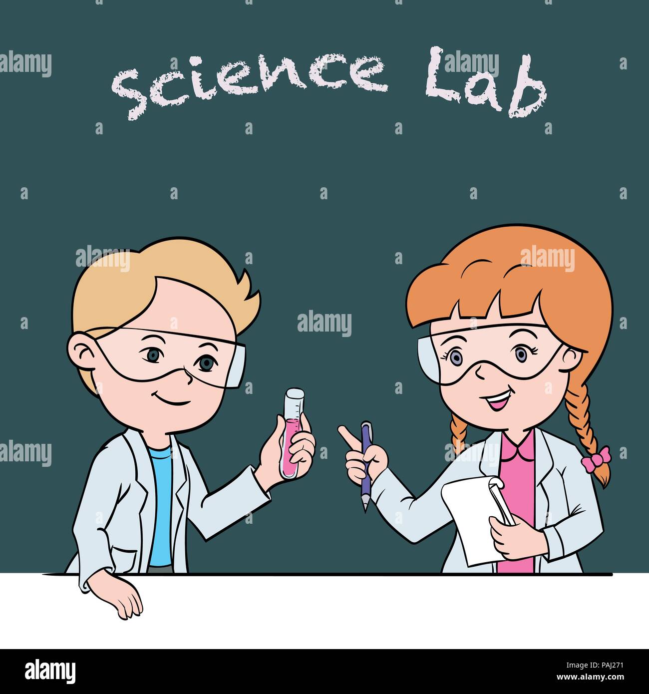 Kids in lab indumenti e occhiali di sicurezza condotta esperimento scientifico. Scienze educative attività per i bambini. - Cartoon illustrazione vettoriale. Illustrazione Vettoriale