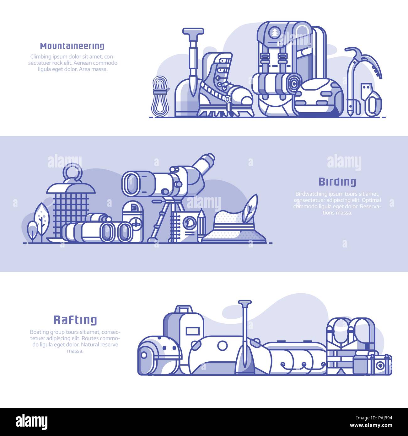 In estate le attività outdoor Icone e banner pubblicitari. Uno stile di vita attivo attrezzatura per fare birdwatching, arrampicata su roccia e rafting. Illustrazione Vettoriale