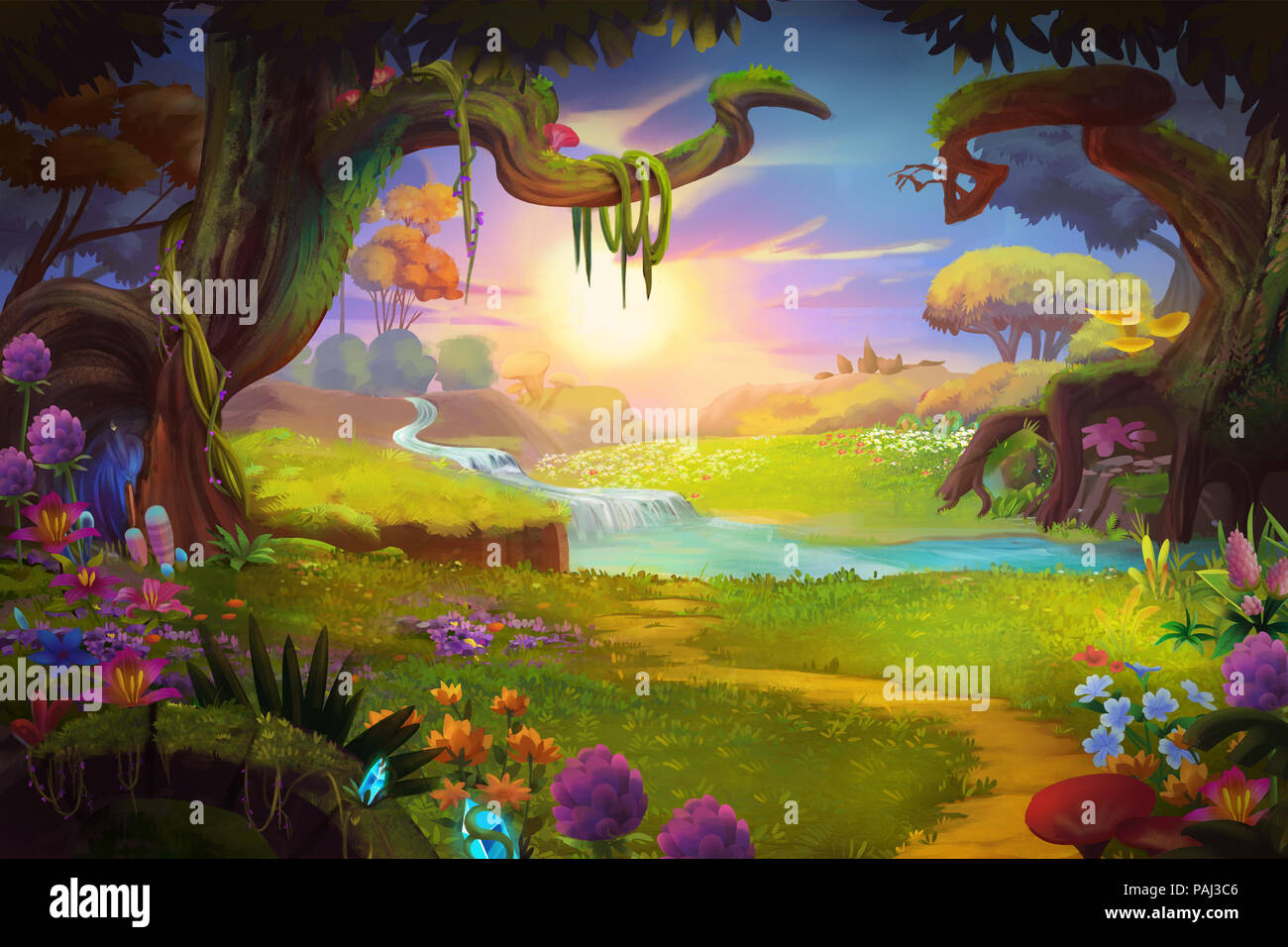Fantasy Land, erba e Hill, Fiume e albero con il fantastico stile realista. Video del gioco Digital CG Artwork, concetto illustrazione, Realistico Cartoon Foto Stock