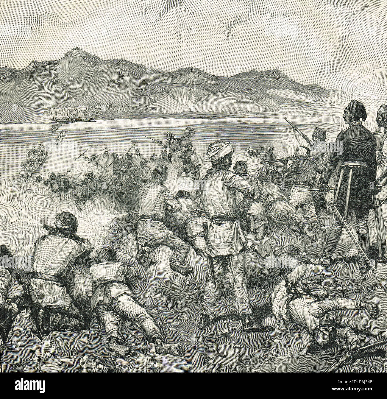 La lotta in Kalakala, inizio maggio 1884, Abu Girgeh assalto a Khartoum, sconfitti dal generale Gordon, inizio nell'assedio di Khartoum Foto Stock