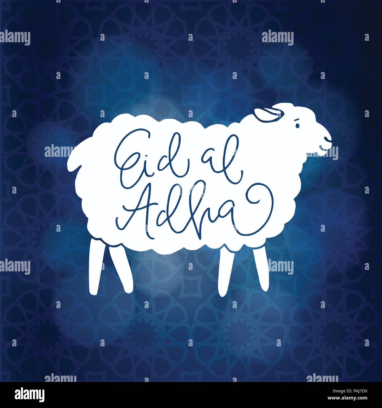 Biglietto di auguri, invito con silhouette bianca di ovini, mano-letterati del testo. Illustrazione Vettoriale, arabo sfondo ornamentale per vacanza musulmana di Eid Ul Adha. Illustrazione Vettoriale