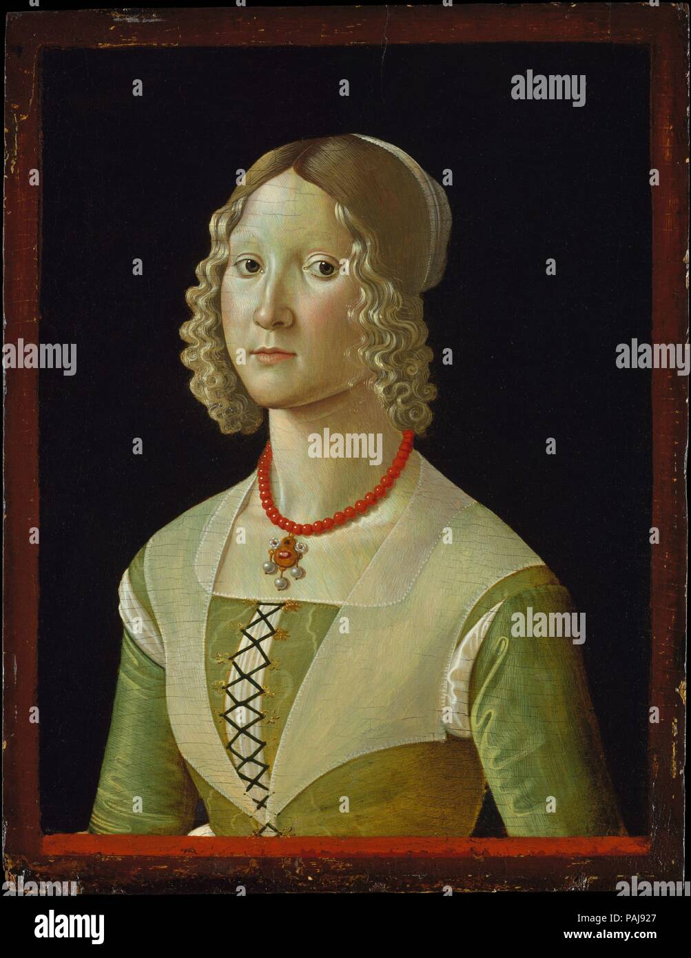 Selvaggia Sassetti (nato 1470). Artista: Davide Ghirlandaio (David Bigordi) (Italiano, 1452-1525 Firenze Firenze). Dimensioni: 22 1/2 x 17 3/8 in. (57,2 x 44,1 cm). Data: ca. 1487-88. Probabilmente dipinto da Domenico Ghirlandaio il fratello di Davide, il sitter di questo suggestivo ritratto è stato identificato come la quinta figlia del banchiere Francesco Sassetti (Egli aveva sette figlie in tutto). L'occasione potrebbe essere stato il suo matrimonio a Simone d'Amerigo Carnesecchi in 1488. Il suo ben-a-fare vestiti includono un corallo collana con un pendente in oro con una pietra rossa e tre perle. La vista in tre quarti e Foto Stock