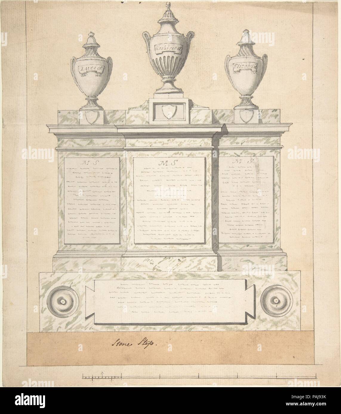 Design per un Monumento per le tre mogli del primo conte di Guilford, a Wroxton, Oxfordshire. Artista: Joseph Wilton (British, Londra Londra 1722-1803). Dimensioni: foglio: 10 x 9 in. (25,4 x 22,9 cm). Data: 1783. Museo: Metropolitan Museum of Art di New York, Stati Uniti d'America. Foto Stock