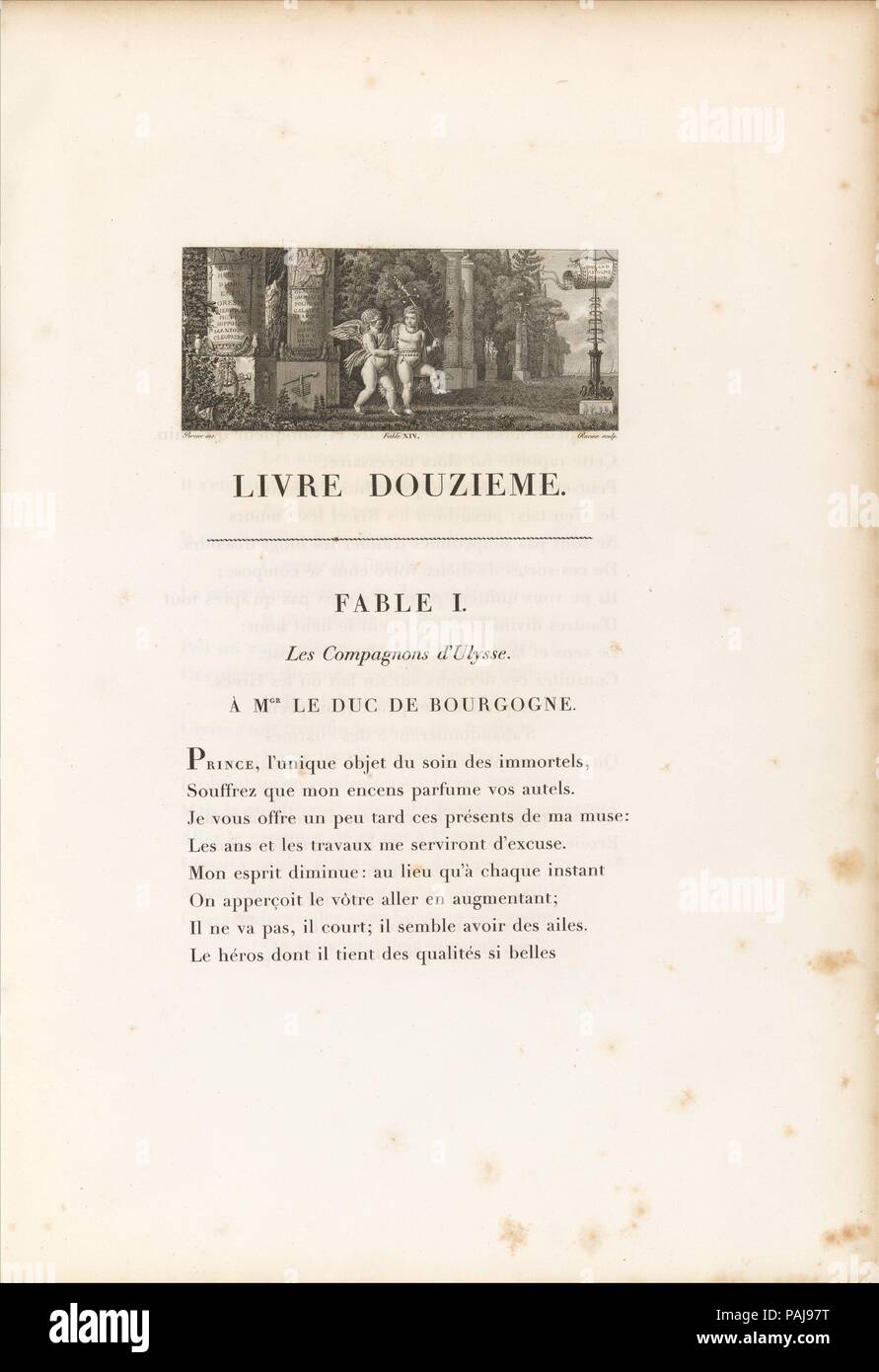 Favole. Autore: Scritto da Jean de La Fontaine (francese, Château-Thierry 1621-1695 Paris). Dimensioni: complessivo: 20 1/4 x 15 in. (51,4 x 38,1 cm). Illustrator: Charles Percier (francese, Parigi Parigi 1764-1838). Editore: pubblicato da Pierre Didot l'ainé (Francese, 1761-1853) , Parigi. Data: 1802. Questo a due volumi edizione de La Fontaine le fiabe è una delle diverse edizioni illustrate del poeta di lavoro che Didot pubblicato. È quarto in Didot cinque parte 'Louvre edizioni,' seguendo le opere di Racine (1801-5) e precedenti opere di Boileau (1816). I dodici testiera illustrazioni sono state Foto Stock