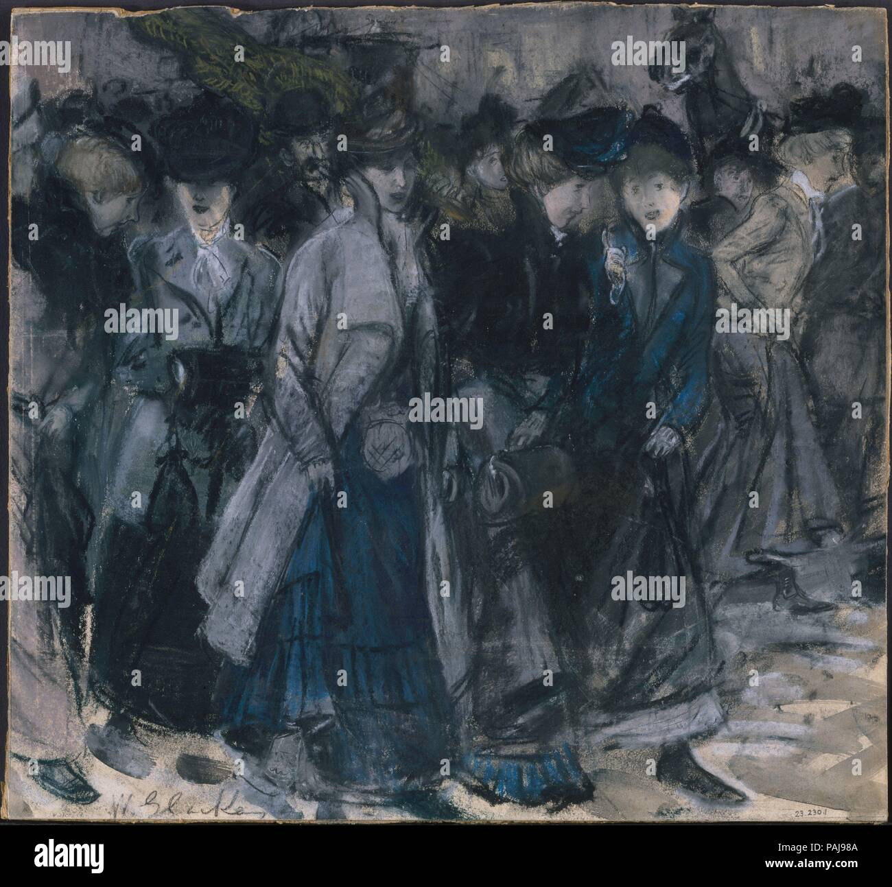 Shop ragazze. Artista: William James Glackens (American, Philadelphia, Pennsylvania 1870-1938 Westport, Connecticut). Dimensioni: 13 5/8 x 14 3/8 in. (34,6 x 36,5 cm). Data: ca. 1900. Come John Sloan, Glackens ha trovato i suoi primi soggetti in moderno di donne che lavorano. Questo sorprendente pastello, dato al Metropolitan dall'artista modernista, critico e collettore A. E. Gallatin, acquisisce il dinamismo delle strade affollate, dove la miscelazione dei due sessi, etnie e classi definite sempre di più la vita urbana. Museo: Metropolitan Museum of Art di New York, Stati Uniti d'America. Foto Stock