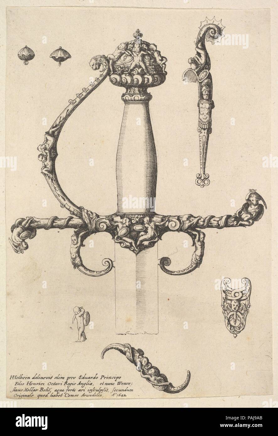 Spada ornamentali elsa. Artista: Dopo Hans Holbein il Giovane (tedesco, Augsburg 1497/98-1543 Londra); Wenceslaus Hollar (boemo, Praga 1607-1677 Londra). Dimensioni: foglio: 7 3/8 × 5 1/16 in. (18,7 × 12,9 cm) tagliare c. 8 x 6 mm entro platemark. Data: 1642. Museo: Metropolitan Museum of Art di New York, Stati Uniti d'America. Foto Stock