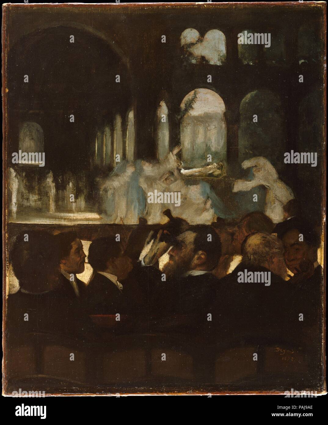 Il Balletto da "Robert le Diable'. Artista: Edgar Degas (francese, Parigi Parigi 1834-1917). Dimensioni: 26 x 21 3/8 in. (66 x 54,3 cm). Data: 1871. Quando Degas realizzato questa immagine nel 1871, Giacomo Meyerbeer opera <i>Robert le Diable</i> aveva quarant'anni e sentire la sua età -- come riflessa dall'uomo al centro, indifferente all'azione e di dirigere il suo binocolo presso il pubblico. Ma Degas era un appassionato dell'opera, e soprattutto della scena qui illustrato, dal terzo atto in cui le monache risorgi dai morti e dance seductively tra le rovine di un monastero del chiaro di luna. Il dipinto fu exhibite Foto Stock