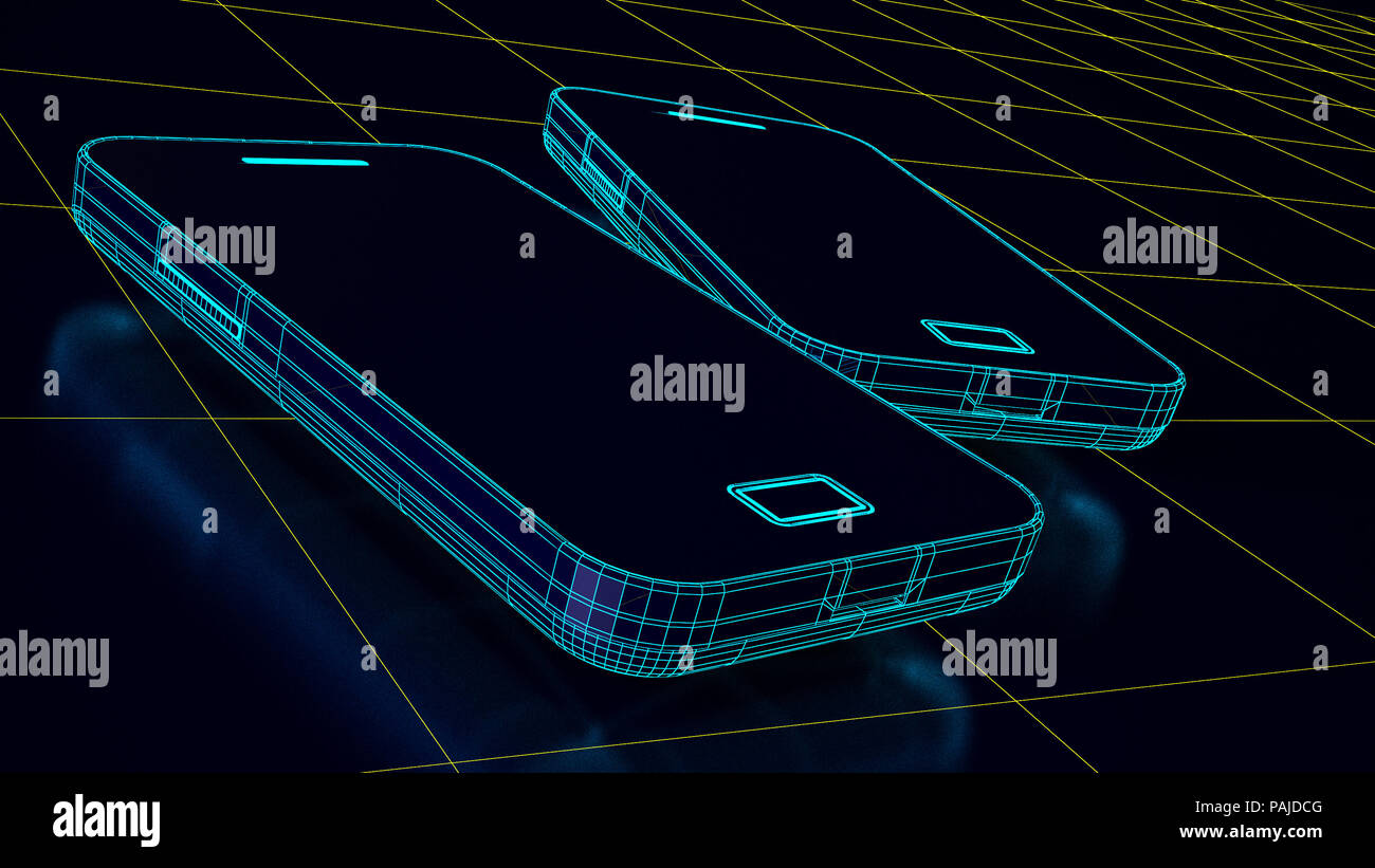 Smartphone futuristico e progresso tecnologico wiireframe Foto Stock