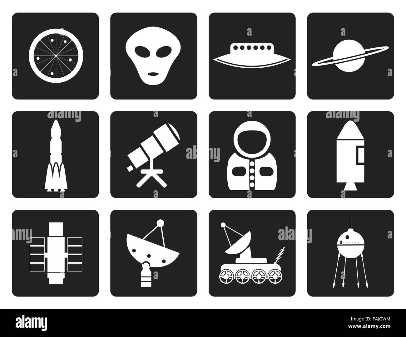 Astronautica nero e lo spazio icone - Vettore icona impostare Illustrazione Vettoriale