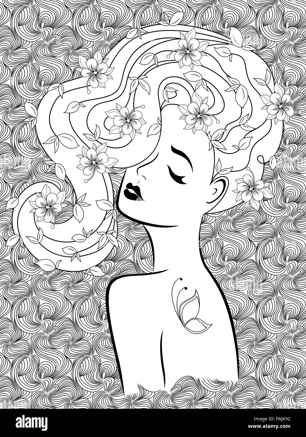 Contorno nero di affascinante ragazza con motivi floreali lussuoso capelli sulla stilizzata sfondo decorativo, mano disegno vettoriale Illustrazione Vettoriale