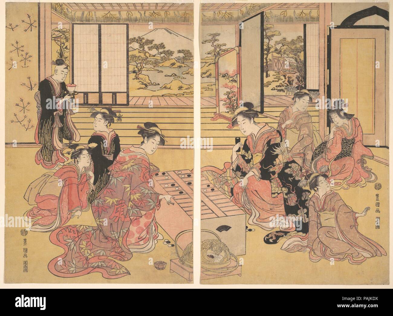 Due giovani donne giocando una partita di Sugoroku. Artista: Utagawa Toyokuni I (giapponese, 1769-1825). Cultura: il Giappone. Dimensioni: DITTICO; ogni 15 x 10 1/16 in. (38,1 x 25,6 cm). Museo: Metropolitan Museum of Art di New York, Stati Uniti d'America. Foto Stock