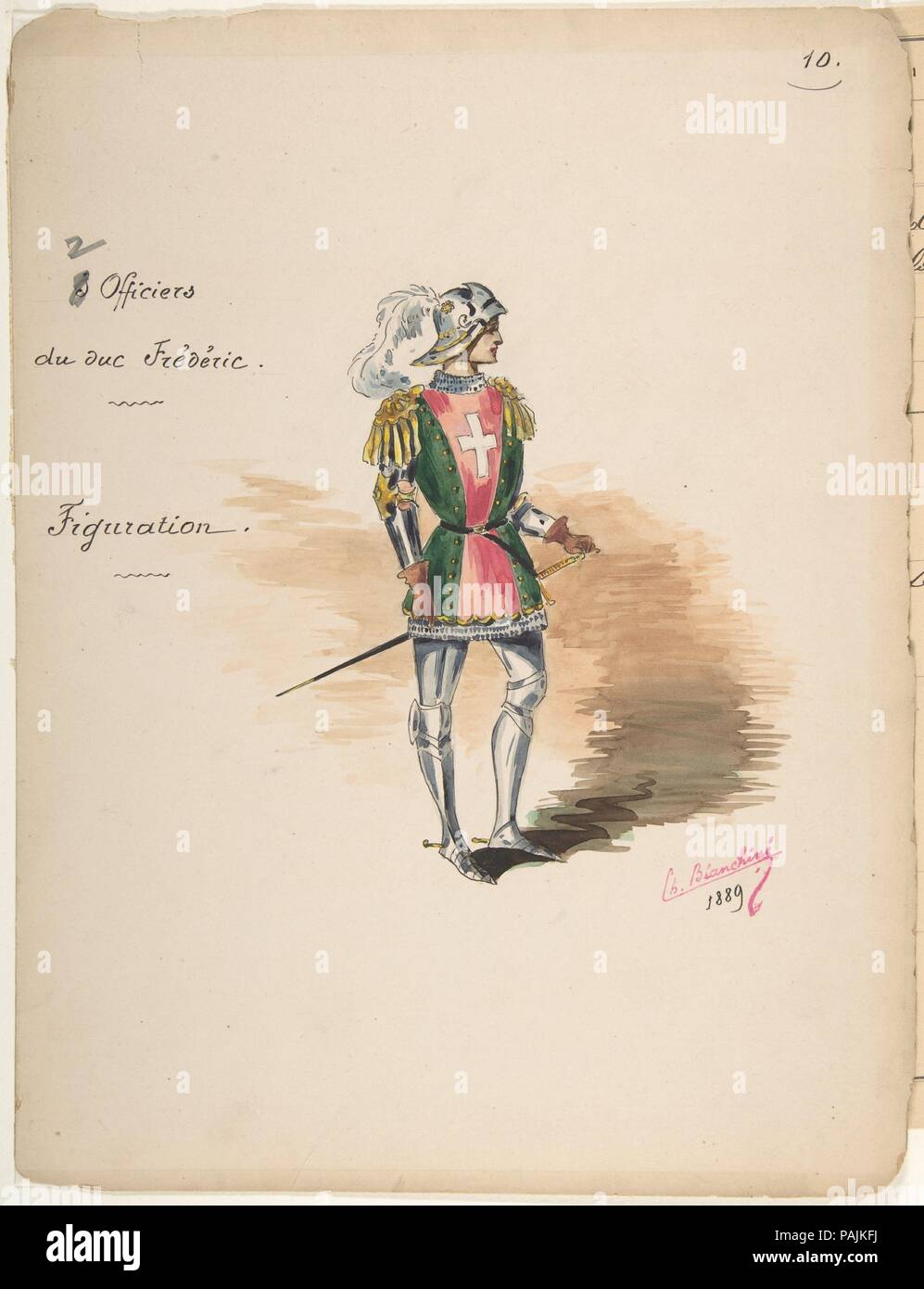 Costume Design per 'Officiers du duc Frédéric' [a]; foglio descrittivo del Costume accessori [b]. Artista: Charles Bianchini (francese, Lione 1860-1905 Paris). Dimensioni: 12 3/8 x 9 7/16 in. (31,4 x 23,9 cm). Data: 1889. Museo: Metropolitan Museum of Art di New York, Stati Uniti d'America. Foto Stock