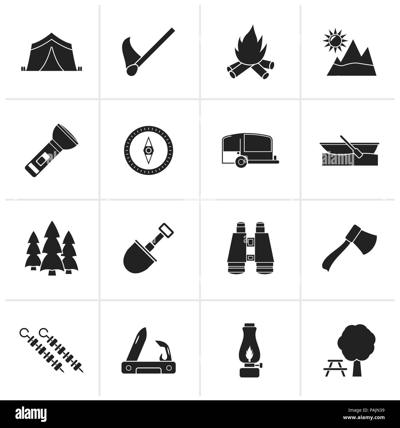 Nero Camping, viaggi e turismo icone - vettore icona impostare Illustrazione Vettoriale