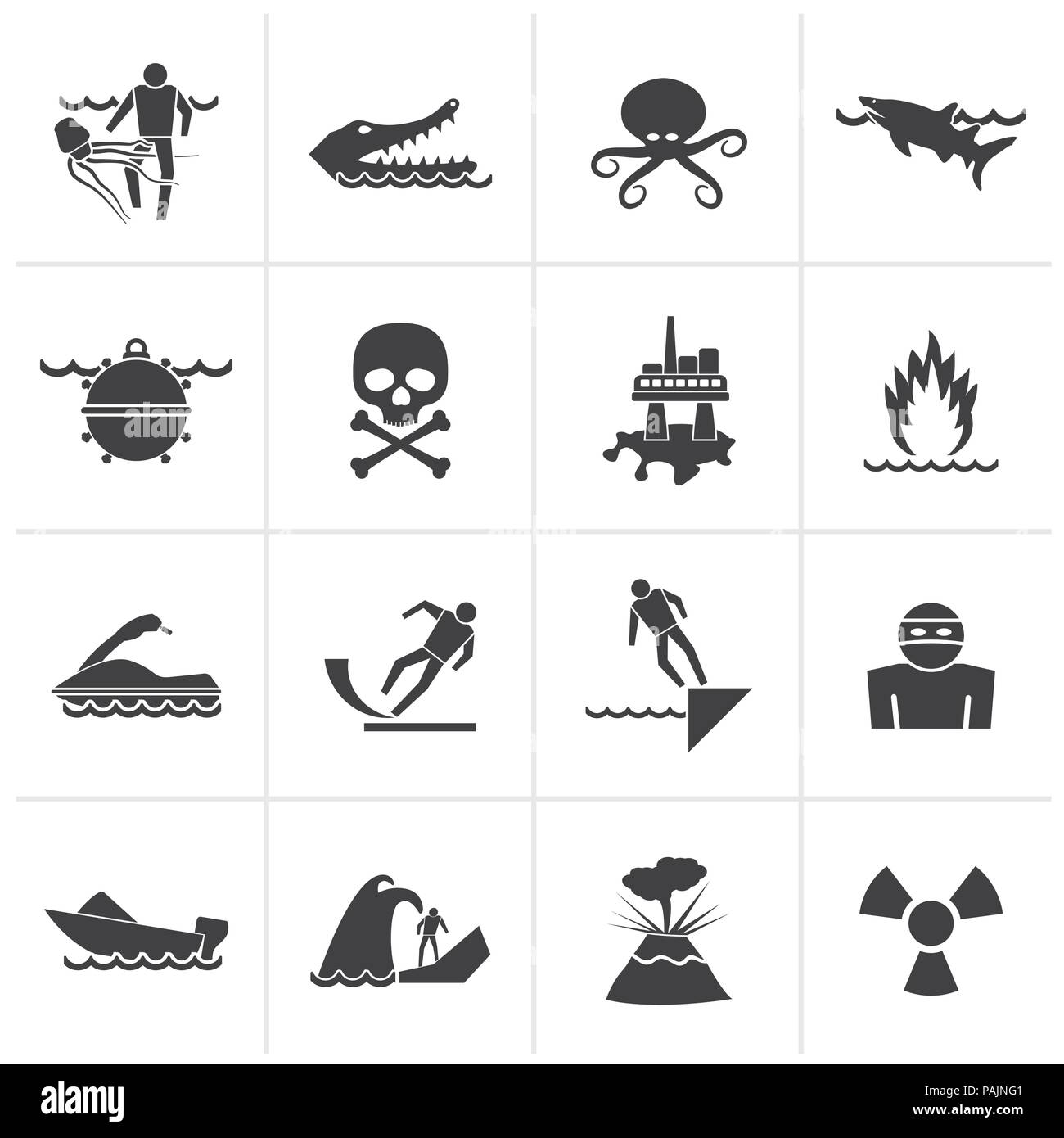 Nero cartelli di avvertimento per i pericoli in mare, oceano, spiaggia e fiumi vettore - Serie di icone 1 Illustrazione Vettoriale