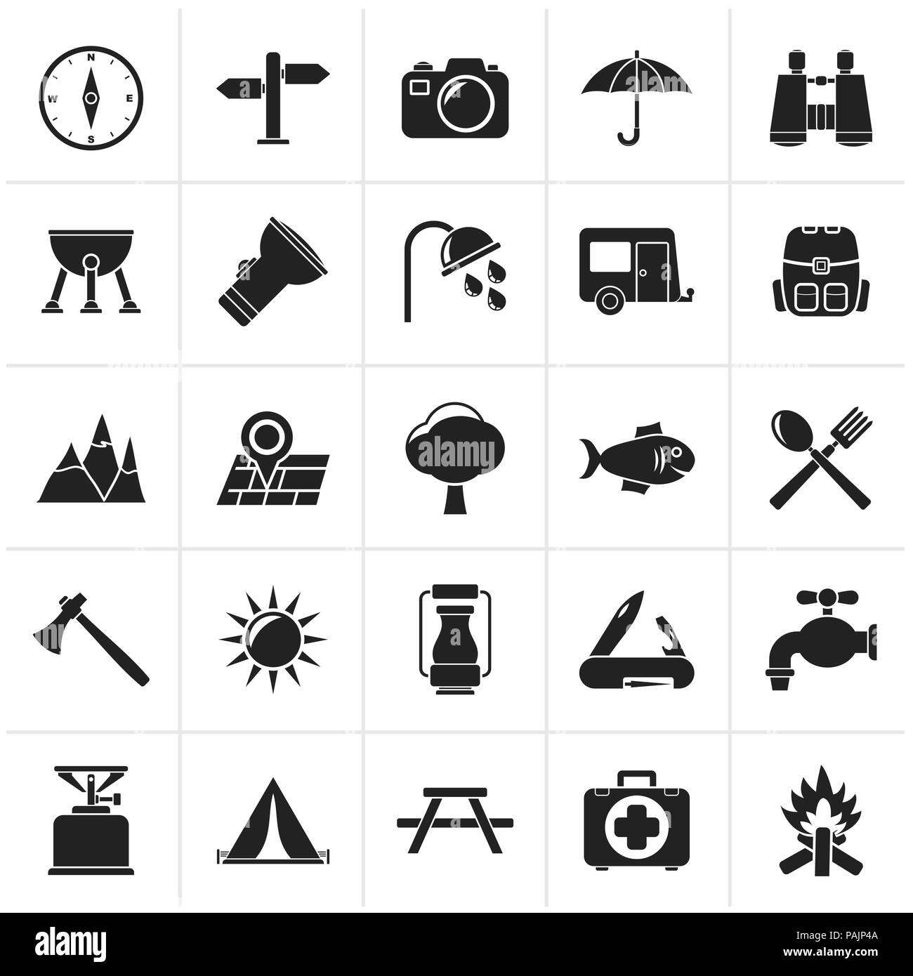 Campeggio nero e le icone del turismo - vettore icona impostare Illustrazione Vettoriale