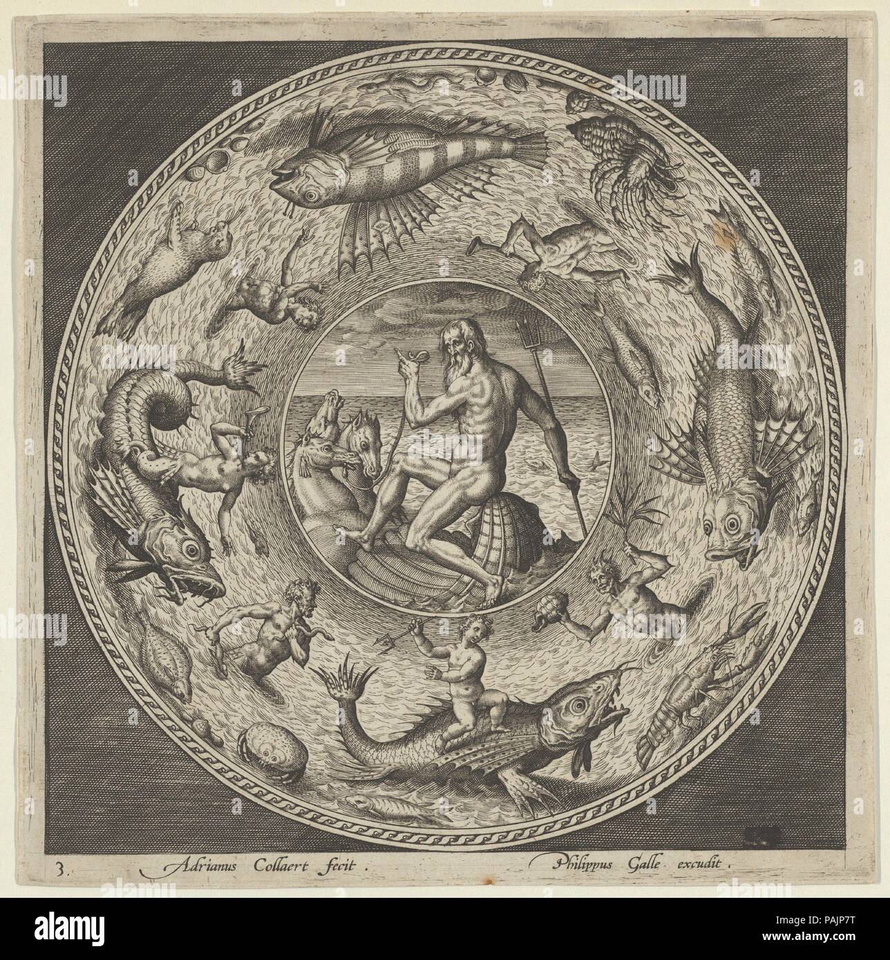 Design per una piastra con Nettuno in una conchiglia trainata da cavalli in un medaglione delimitata da mostri marini. Artista: Adriaen Collaert (Netherlandish, Antwerp ca. 1560-1618 Anversa). Dimensioni: foglio: 6 5/8 × 6 9/16 in. (16,9 × 16,6 cm). Editore: Pubblicato da Philips Galle (Netherlandish, Haarlem 1537-1612 Anversa). Data: ca. 1600. Design per una piastra circolare con Nettuno seduto su una conchiglia trainato da cavalli a sinistra, impostato in un paesaggio marino. La piastra 3 da una serie di quattro piastre, che mostrano ciascuna una figura mitologica associata con il mare in un medaglione al centro, circondato da un ampio confine con variou Foto Stock