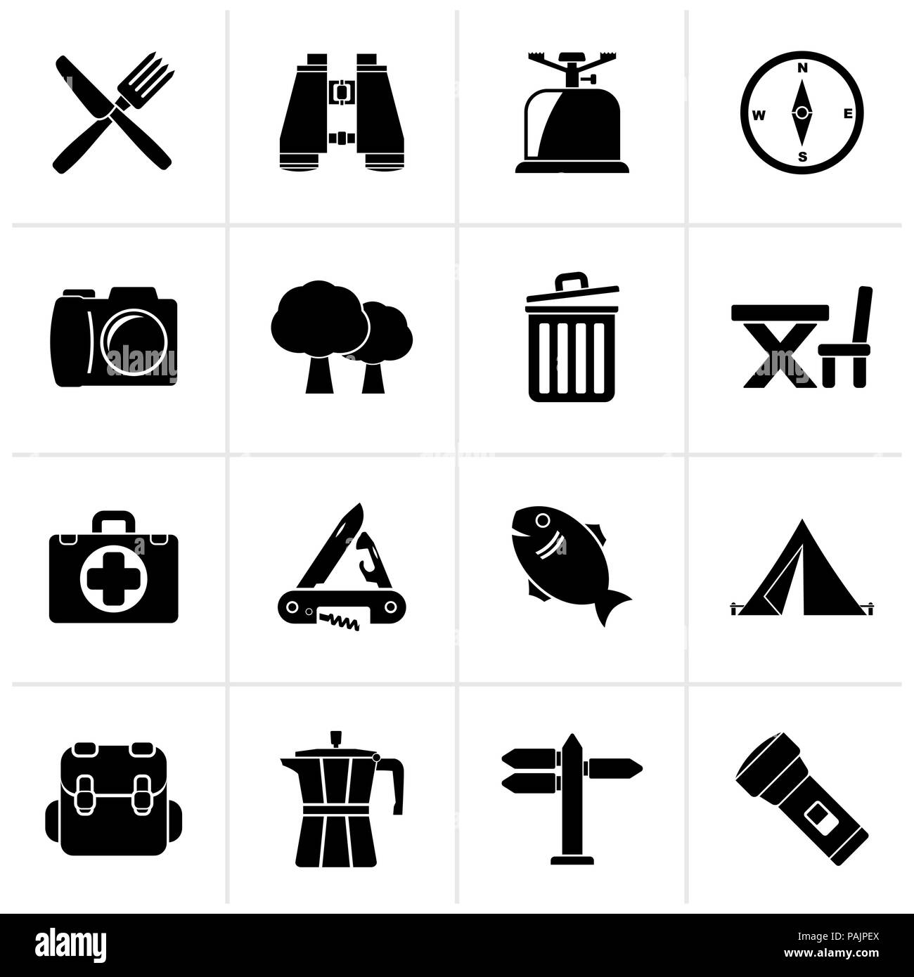 Campeggio nero, turismo e viaggi icone - vettore icona impostare Illustrazione Vettoriale