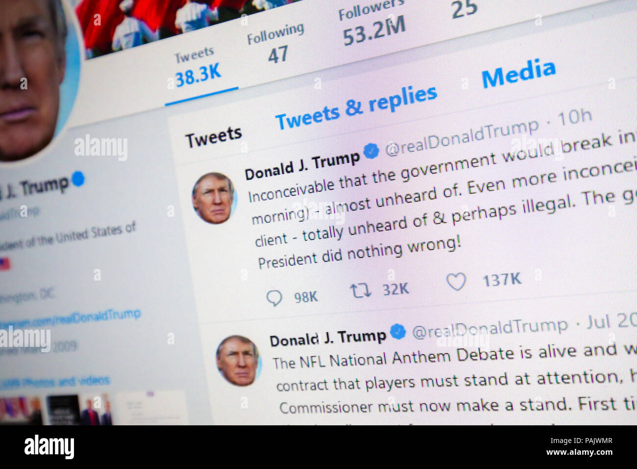 Bruxelles, Belgio - 21 Luglio 2018: il twitter ufficiale pagina di Trump, 45th PRESIDENTE DEGLI STATI UNITI D'AMERICA. Foto Stock