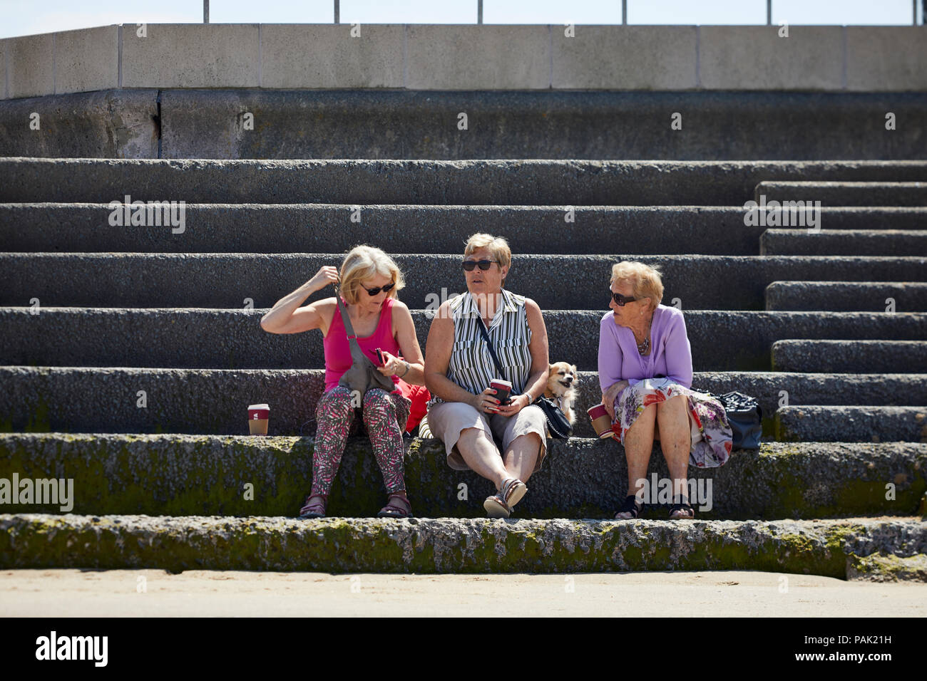 Prestatyn coatal seaside resort town Denbighshire, Galles. Storicamente Flintshire, faggio centrale oap ladies in appoggio sul mare rompe il muro di difesa Foto Stock