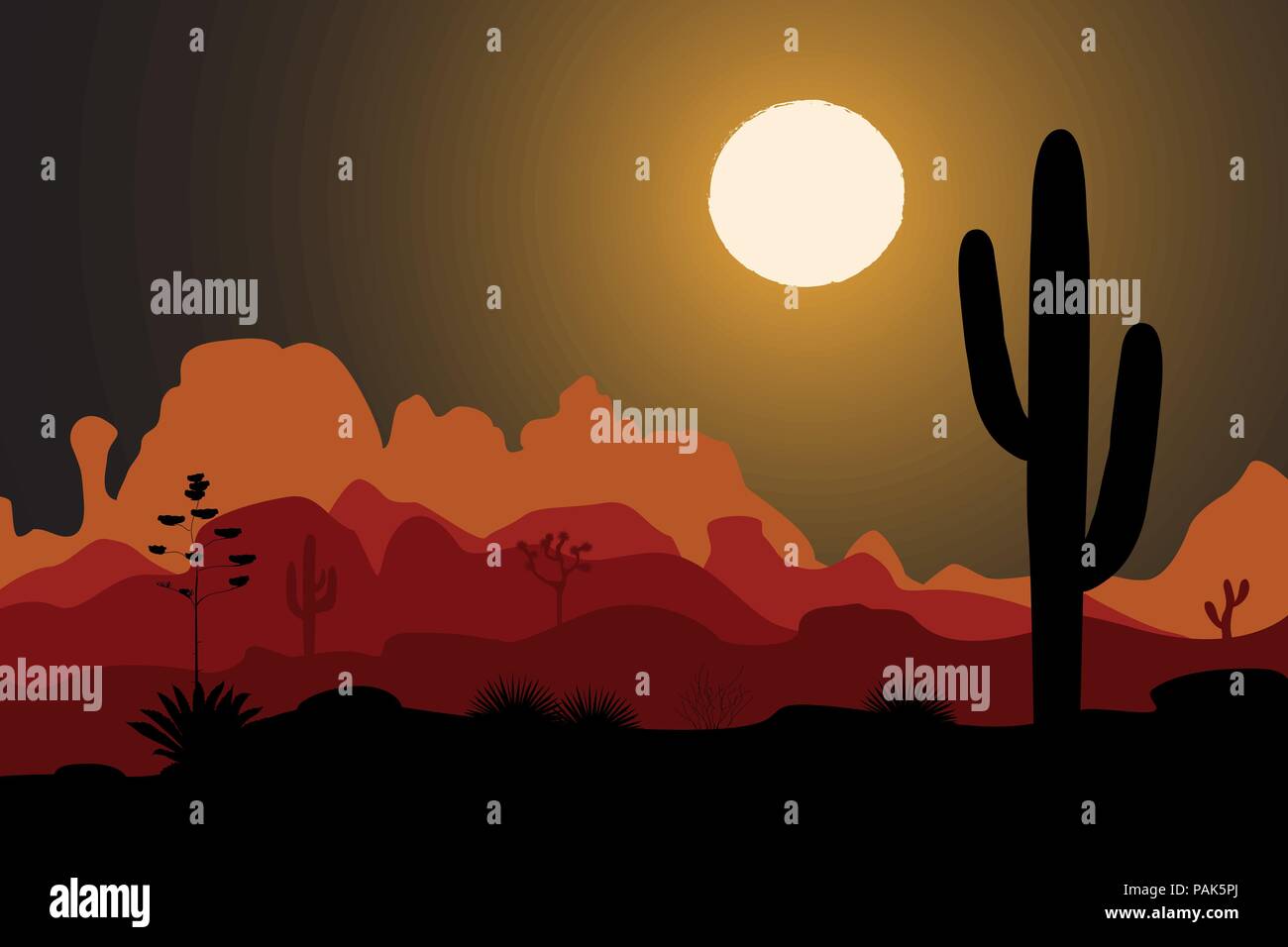 Cactus Saguaro albero nel deserto di notte Illustrazione Vettoriale