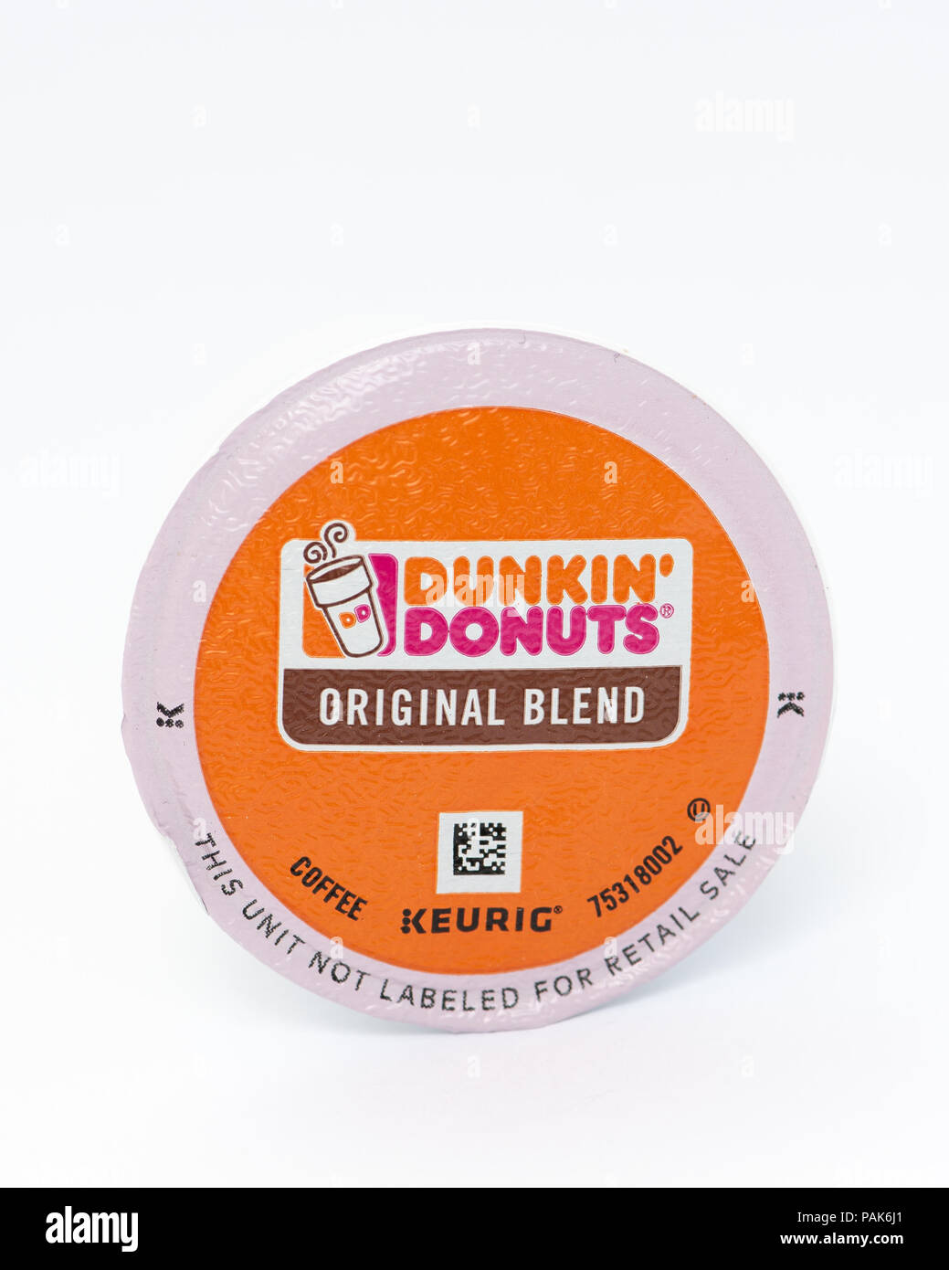 Un singolo che serve K-CUP pod di Dunkin' Donuts originale miscela caffè per uso in Keurig K-CUP birrai. Foto Stock