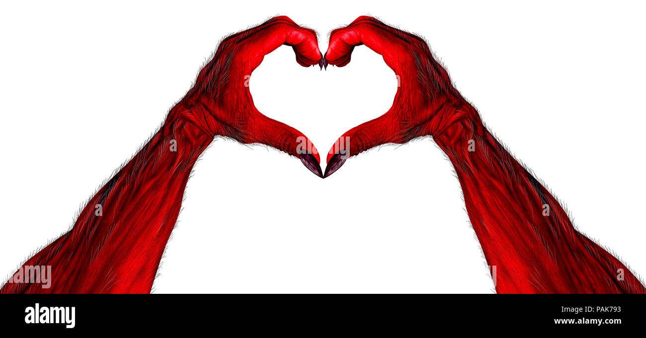 Il demone rosso o del diavolo a forma di mano come un cuore come creepy halloween o scary monster bracci isolato su bianco in un 3D illustrazione dello stile. Foto Stock