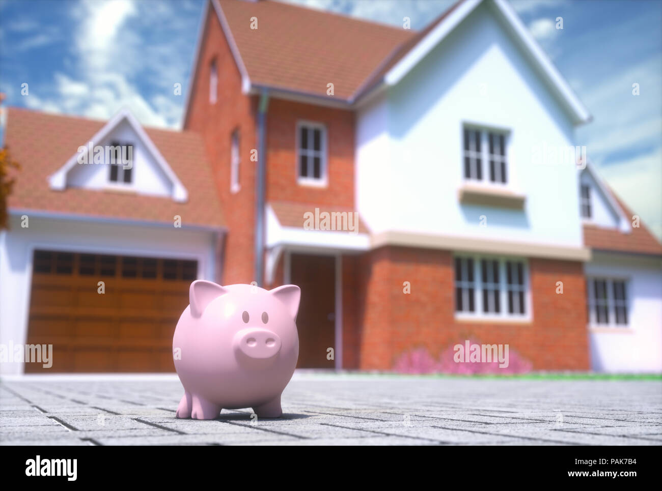 3D'illustrazione. Poco salvadanaio sul marciapiede davanti alla casa dei sogni. Foto Stock
