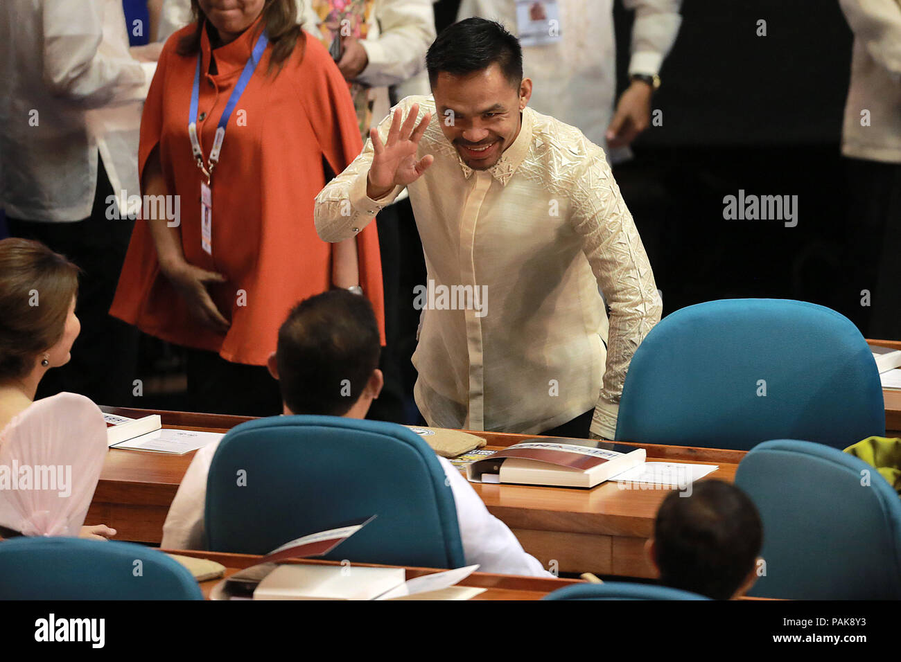 Manila, Filippine. 23 Luglio, 2018. Philippine Senator e boxe leggenda Manny Pacquiao è visto come egli assiste il presidente filippino Rodrigo Duterte il terzo membro della Nazione indirizzo presso il filippino casa di rappresentanti in Quezon City, Filippine, 23 luglio, 2018. Credito: Rouelle Umali/Xinhua/Alamy Live News Foto Stock