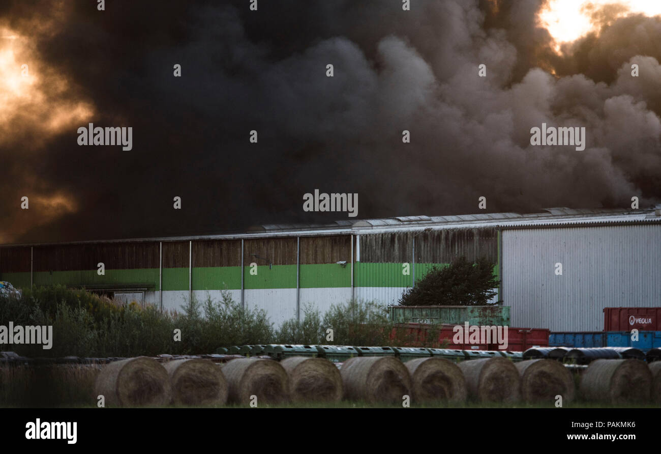 Rostock, Germania. Il 24 luglio, 2018. Le dense nubi di fumo si alzano da un cantiere di riciclaggio durante un incendio. Secondo un portavoce della polizia, inizialmente, non ci sono state vittime. Credito: Frank Hormann/dpa/Alamy Live News Foto Stock